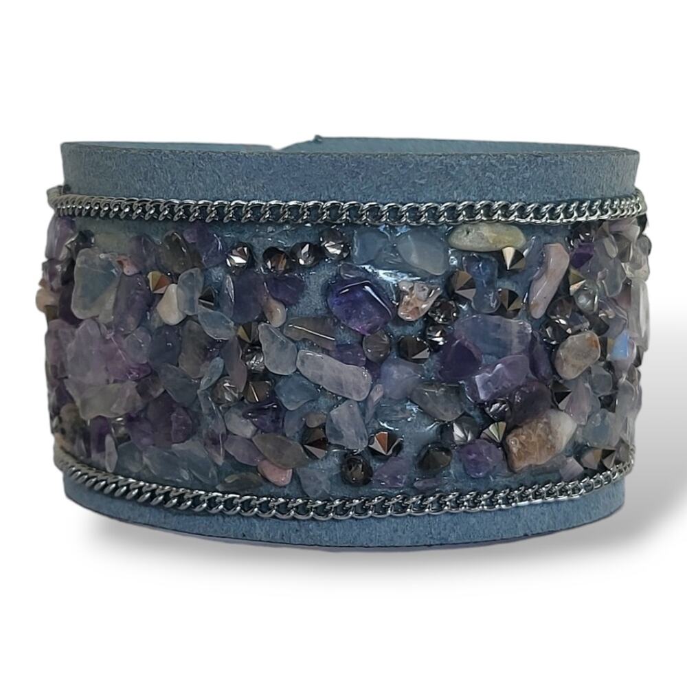 New Blue Suede Leather Tumbled Amethyst Moonstone Quartz Hematite Bracelet 7"